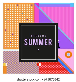 Trendy flat geometric vector banners. Vivid colorful banners in retro poster design style. Vintage colors and shapes Summer holiday theme.