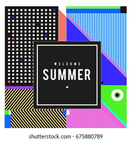 Trendy flat geometric vector banners. Vivid colorful banners in retro poster design style. Vintage colors and shapes Summer holiday theme.