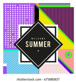 Trendy flat geometric vector banners. Vivid colorful banners in retro poster design style. Vintage colors and shapes Summer holiday theme.
