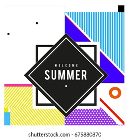 Trendy flat geometric vector banners. Vivid colorful banners in retro poster design style. Vintage colors and shapes Summer holiday theme.