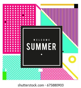 Trendy flat geometric vector banners. Vivid colorful banners in retro poster design style. Vintage colors and shapes Summer holiday theme.