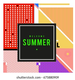 Trendy flat geometric vector banners. Vivid colorful banners in retro poster design style. Vintage colors and shapes Summer holiday theme.