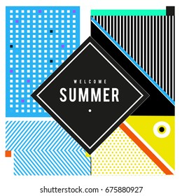 Trendy flat geometric vector banners. Vivid colorful banners in retro poster design style. Vintage colors and shapes Summer holiday theme.