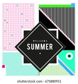 Trendy flat geometric vector banners. Vivid colorful banners in retro poster design style. Vintage colors and shapes Summer holiday theme.