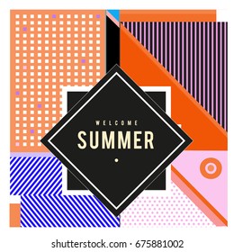 Trendy flat geometric vector banners. Vivid colorful banners in retro poster design style. Vintage colors and shapes Summer holiday theme.