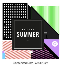 Trendy flat geometric vector banners. Vivid colorful banners in retro poster design style. Vintage colors and shapes Summer holiday theme.