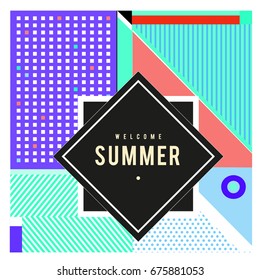 Trendy flat geometric vector banners. Vivid colorful banners in retro poster design style. Vintage colors and shapes Summer holiday theme.