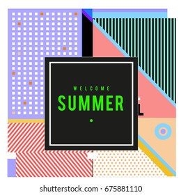 Trendy flat geometric vector banners. Vivid colorful banners in retro poster design style. Vintage colors and shapes Summer holiday theme.