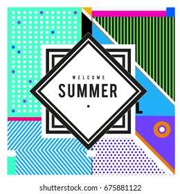 Trendy flat geometric vector banners. Vivid colorful banners in retro poster design style. Vintage colors and shapes Summer holiday theme.