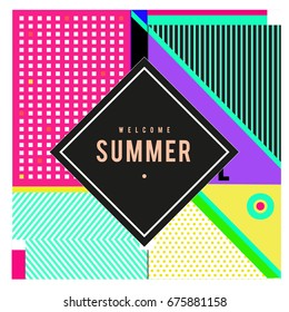 Trendy flat geometric vector banners. Vivid colorful banners in retro poster design style. Vintage colors and shapes Summer holiday theme.