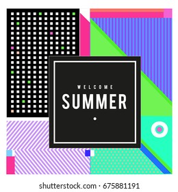 Trendy flat geometric vector banners. Vivid colorful banners in retro poster design style. Vintage colors and shapes Summer holiday theme.