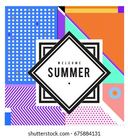 Trendy flat geometric vector banners. Vivid colorful banners in retro poster design style. Vintage colors and shapes Summer holiday theme.