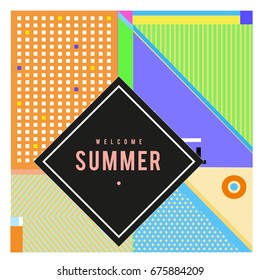 Trendy flat geometric vector banners. Vivid colorful banners in retro poster design style. Vintage colors and shapes Summer holiday theme.