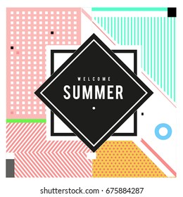 Trendy flat geometric vector banners. Vivid colorful banners in retro poster design style. Vintage colors and shapes Summer holiday theme.