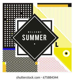 Trendy flat geometric vector banners. Vivid colorful banners in retro poster design style. Vintage colors and shapes Summer holiday theme.