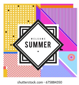 Trendy flat geometric vector banners. Vivid colorful banners in retro poster design style. Vintage colors and shapes Summer holiday theme.