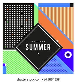 Trendy flat geometric vector banners. Vivid colorful banners in retro poster design style. Vintage colors and shapes Summer holiday theme.