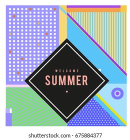 Trendy flat geometric vector banners. Vivid colorful banners in retro poster design style. Vintage colors and shapes Summer holiday theme.