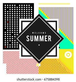 Trendy flat geometric vector banners. Vivid colorful banners in retro poster design style. Vintage colors and shapes Summer holiday theme.