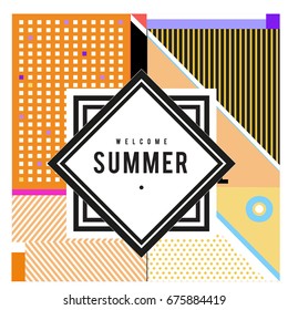 Trendy flat geometric vector banners. Vivid colorful banners in retro poster design style. Vintage colors and shapes Summer holiday theme.