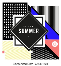 Trendy flat geometric vector banners. Vivid colorful banners in retro poster design style. Vintage colors and shapes Summer holiday theme.