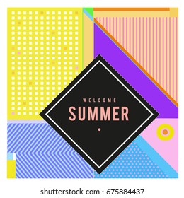 Trendy flat geometric vector banners. Vivid colorful banners in retro poster design style. Vintage colors and shapes Summer holiday theme.
