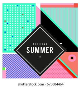 Trendy flat geometric vector banners. Vivid colorful banners in retro poster design style. Vintage colors and shapes Summer holiday theme.