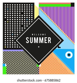 Trendy flat geometric vector banners. Vivid colorful banners in retro poster design style. Vintage colors and shapes Summer holiday theme.

