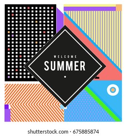 Trendy flat geometric vector banners. Vivid colorful banners in retro poster design style. Vintage colors and shapes Summer holiday theme.
