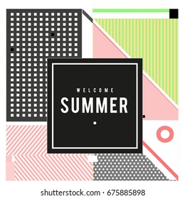 Trendy flat geometric vector banners. Vivid colorful banners in retro poster design style. Vintage colors and shapes Summer holiday theme.

