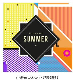 Trendy flat geometric vector banners. Vivid colorful banners in retro poster design style. Vintage colors and shapes Summer holiday theme.
