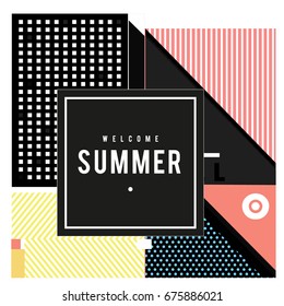 Trendy flat geometric vector banners. Vivid colorful banners in retro poster design style. Vintage colors and shapes Summer holiday theme.
