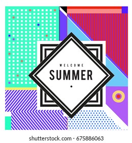 Trendy flat geometric vector banners. Vivid colorful banners in retro poster design style. Vintage colors and shapes Summer holiday theme.
