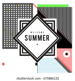 Trendy flat geometric vector banners. Vivid colorful banners in retro poster design style. Vintage colors and shapes Summer holiday theme.
