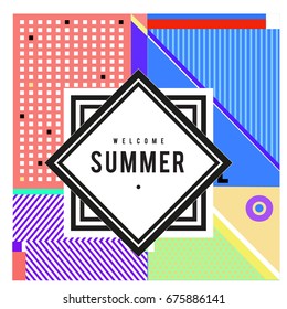 Trendy flat geometric vector banners. Vivid colorful banners in retro poster design style. Vintage colors and shapes Summer holiday theme.

