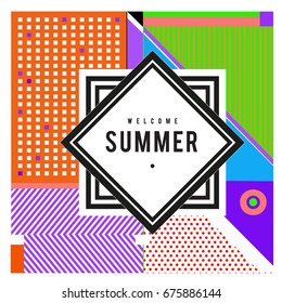 Trendy flat geometric vector banners. Vivid colorful banners in retro poster design style. Vintage colors and shapes Summer holiday theme.
