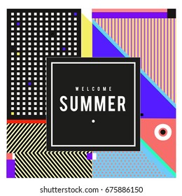 Trendy flat geometric vector banners. Vivid colorful banners in retro poster design style. Vintage colors and shapes Summer holiday theme.
