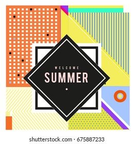 Trendy flat geometric vector banners. Vivid colorful banners in retro poster design style. Vintage colors and shapes Summer holiday theme.