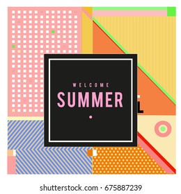 Trendy flat geometric vector banners. Vivid colorful banners in retro poster design style. Vintage colors and shapes Summer holiday theme.
