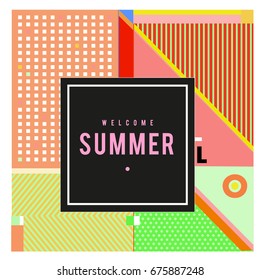 Trendy flat geometric vector banners. Vivid colorful banners in retro poster design style. Vintage colors and shapes Summer holiday theme.