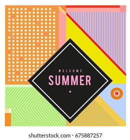 Trendy flat geometric vector banners. Vivid colorful banners in retro poster design style. Vintage colors and shapes Summer holiday theme.