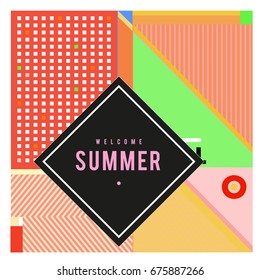 Trendy flat geometric vector banners. Vivid colorful banners in retro poster design style. Vintage colors and shapes Summer holiday theme.