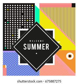 Trendy flat geometric vector banners. Vivid colorful banners in retro poster design style. Vintage colors and shapes Summer holiday theme.