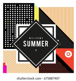 Trendy flat geometric vector banners. Vivid colorful banners in retro poster design style. Vintage colors and shapes Summer holiday theme.