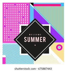 Trendy flat geometric vector banners. Vivid colorful banners in retro poster design style. Vintage colors and shapes Summer holiday theme.