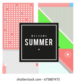 Trendy flat geometric vector banners. Vivid colorful banners in retro poster design style. Vintage colors and shapes Summer holiday theme.