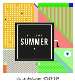 Trendy flat geometric vector banners. Vivid colorful banners in retro poster design style. Vintage colors and shapes Summer holiday theme.