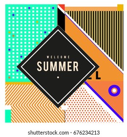 Trendy flat geometric vector banners. Vivid colorful banners in retro poster design style. Vintage colors and shapes Summer holiday theme.