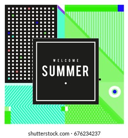 Trendy flat geometric vector banners. Vivid colorful banners in retro poster design style. Vintage colors and shapes Summer holiday theme.