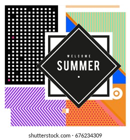 Trendy flat geometric vector banners. Vivid colorful banners in retro poster design style. Vintage colors and shapes Summer holiday theme.